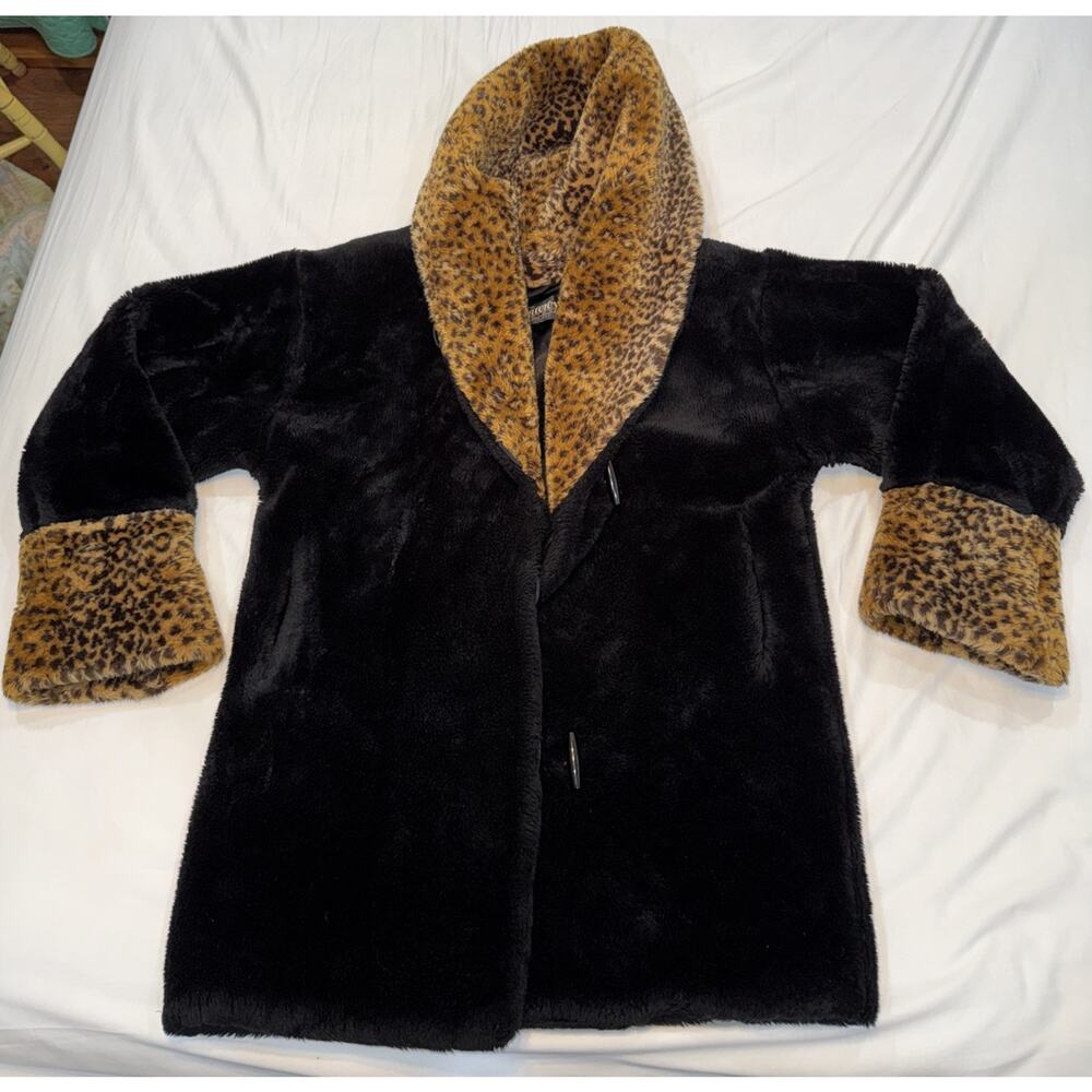Vtg Monterey Fashions Leopard Print Faux Fur Black Fleece Long Coat Women's Med